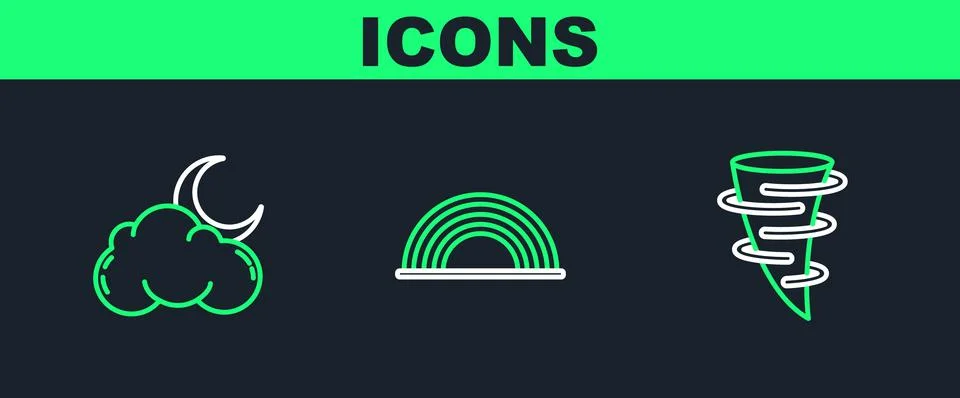 Set line Tornado, Cloud with moon and stars and Rainbow clouds icon. Vector Ilustração Stock
