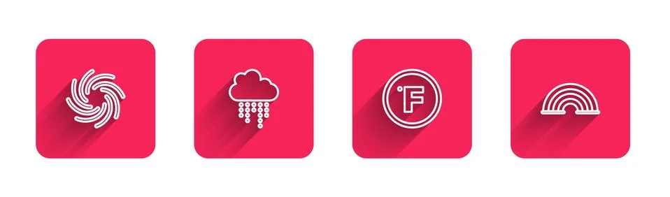 Set line Tornado, Cloud with rain, Fahrenheit and Rainbow with long shadow. Red Illustrazione stock