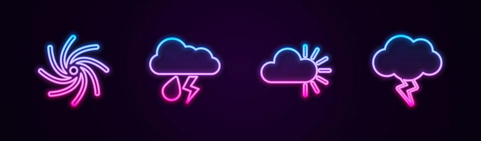 Set line Tornado, Cloud with rain and lightning, Cloudy and Storm. Glowing neon Stock Illustration