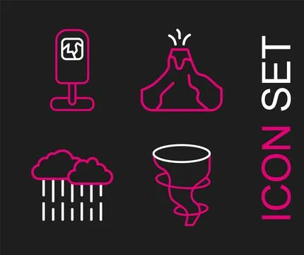 Set line Tornado, Cloud with rain, Volcano eruption lava and Trash icon. Vect Stock Illustration