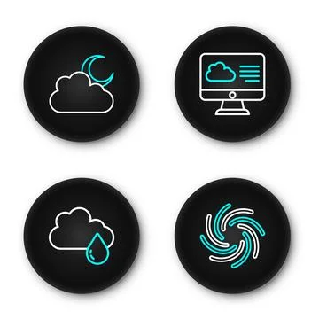 Set line Tornado, Cloud with rain, Weather forecast and moon icon. Vector Illustrazione stock