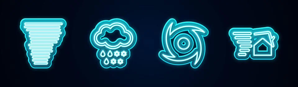 Set line Tornado, Cloud with snow and rain, and swirl. Glowing neon icon. Vector Illustrazione stock