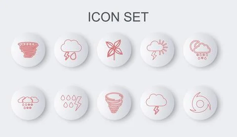 Set line Tornado, Cloud with snow and rain, Pinwheel, Storm, lightning, and icon Stock Illustration