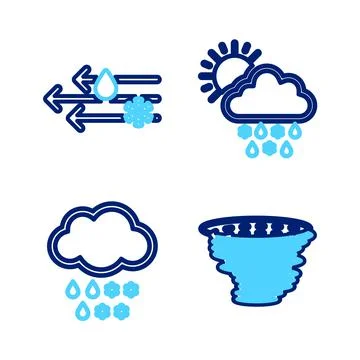 Set line Tornado, Cloud with snow and rain, snow, rain, sun and Wind icon Stock Illustration