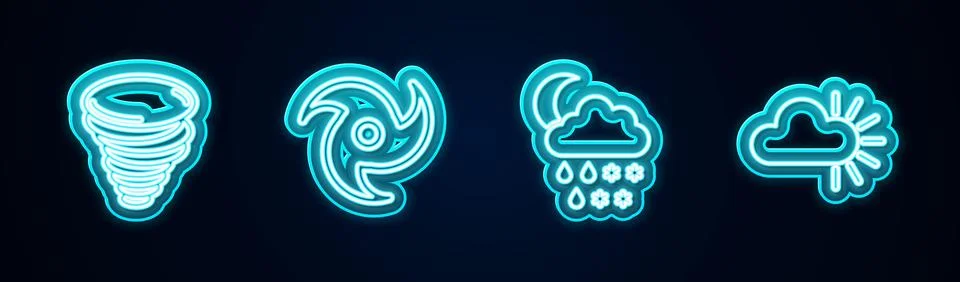 Set line Tornado, , Cloud with snow, rain, moon and Cloudy. Glowing neon icon Illustrazione stock
