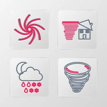 Set line Tornado, Cloud with snow, rain, moon, swirl and icon. Vector Illustrazione stock