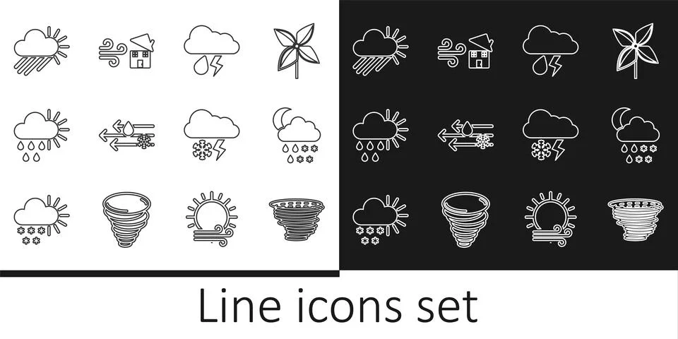 Set line Tornado, Cloud with snow, rain, moon, and lightning, Wind, Cloudy .. Stock Illustration