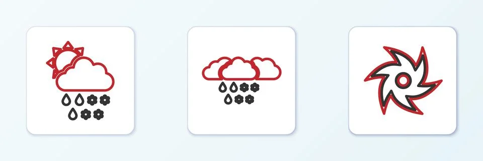 Set line Tornado, Cloud with snow, rain, sun and and icon. Vector Stockillustratie