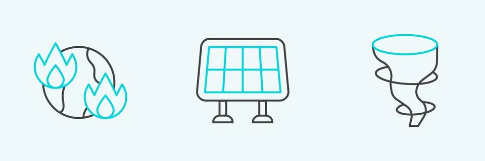 Set line Tornado, Global warming fire and Solar energy panel icon. Vector Stock Illustration