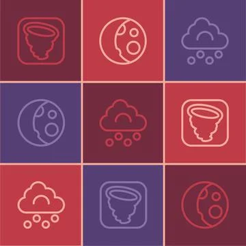 Set line Tornado, Hail cloud and Moon phases icon. Vector Stock Illustration