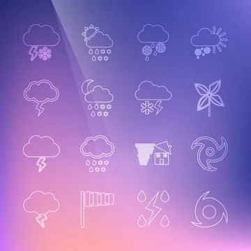 Set line Tornado, Pinwheel, Cloud with snow and rain, snow, rain, moon, Storm Stock Illustration