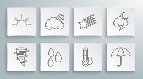 Set line Tornado, Rainbow with clouds, Water drop, Thermometer, Classic elegant Illustration