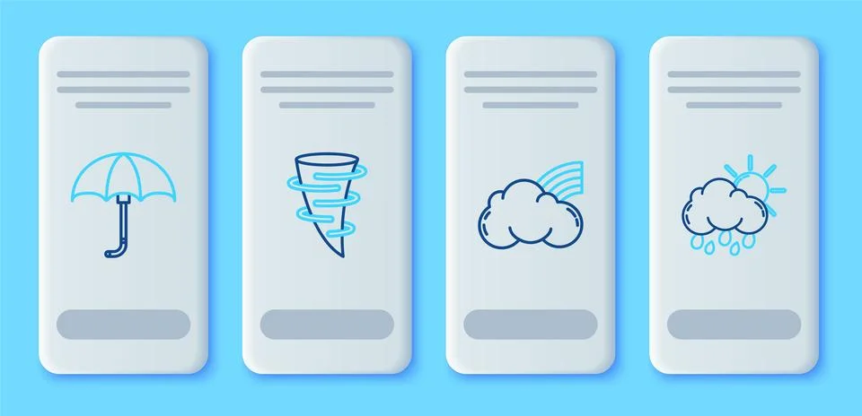 Set line Tornado, Rainbow with clouds, Classic elegant opened umbrella and .. Illustrazione stock