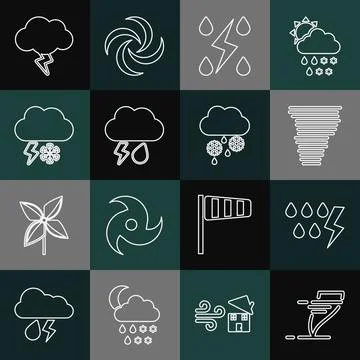 Set line Tornado, Storm, Cloud with rain and lightning, snow, and icon. Vector Stock Illustration