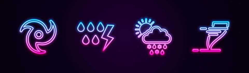 Set line Tornado, Storm, Cloud with snow, rain, sun and . Glowing neon icon.  Stockillustratie