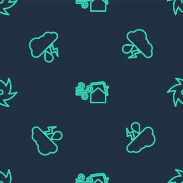 Set line Tornado swirl, Cloud with rain and lightning and on seamless pattern 스톡 일러스트