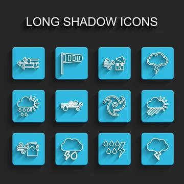 Set line Tornado swirl, Cloud with rain and lightning, Wind, Storm, snow, Cloudy Stock Illustration