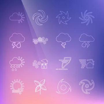Set line Tornado, swirl, Cloud with rain and lightning, Wind snow, Cloudy and Stock Illustration