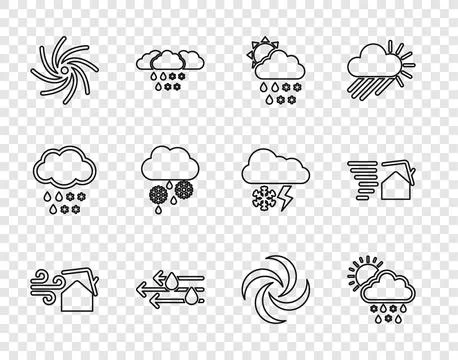 Set line Tornado swirl, Cloud with snow, rain, sun, Wind and, and icon. Vector Illustrazione stock
