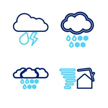 Set line Tornado swirl, Cloud with snow and rain,  and lightning icon. Vector Illustrazione stock