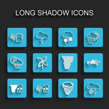 Set line Tornado swirl, Cloud with snow and lightning, Pinwheel, Wind rain .. Stock Illustration