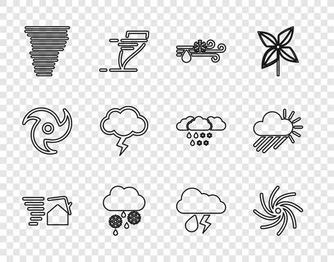 Set line Tornado swirl, Wind and rain with snow, Cloud, Storm, lightning and Stock Illustration