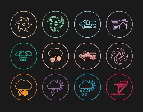 Set line Tornado, Wind and rain, Cloud with snow, and icon. Vector Stock Illustration
