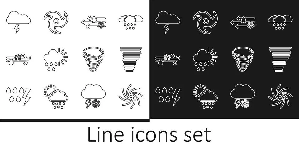 Set line Tornado, Wind and rain with snow, Cloudy sun, Storm,  and  icon. V.. Stock Illustration