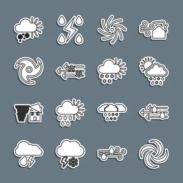 Set line Tornado, Wind and rain, Cloud with snow, rain, sun, Cloudy and  ic.. Stock Illustration