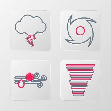 Set line Tornado, Wind and rain with snow,  and Storm icon. Vector Stock Illustration