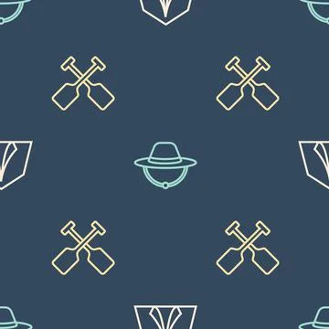 Set line Tourist tent, Paddle and Camping hat on seamless pattern. Vector Stock Illustration