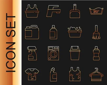 Set line Towel on hanger, Bottle for cleaning agent, Feather broom, Dustpan Stock Illustration