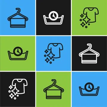 Set line Towel on hanger, Drying clothes and Time wash icon. Vector Illustrazione stock