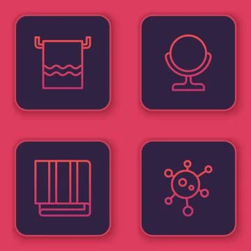 Set line Towel on a hanger, stack, Round makeup mirror and Virus. Blue square Stock Illustration