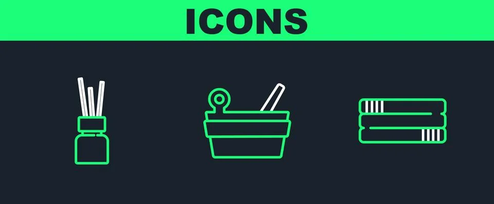 Set line Towel stack, Aroma diffuser and Sauna bucket and ladle icon. Vector Stock Illustration