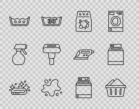 Set line Towel stack, Basin with soap suds, Laundry detergent, Water spill,.. Stock Illustration