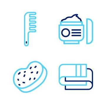 Set line Towel stack, Bath sponge, Cream or lotion cosmetic tube and Hairbrush 库存插图