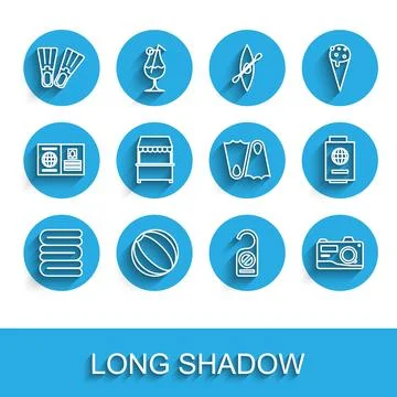 Set line Towel stack Beach ball Rubber flippers Please do not disturb Photo c Illustrazione stock