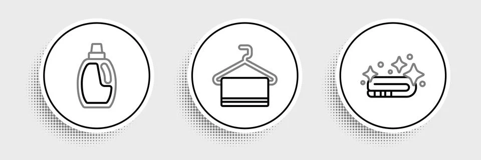 Set line Towel stack, Bottle for cleaning agent and on hanger icon. Vector Stock Illustration