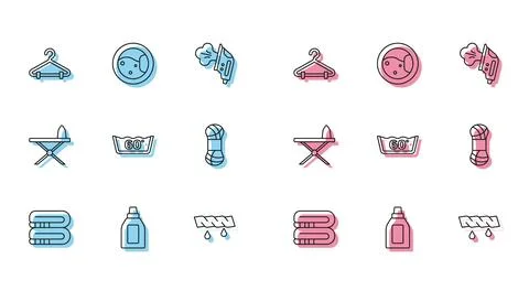 Set line Towel stack, Bottle for cleaning agent, Hanger wardrobe, Squeeze c.. イラスト素材