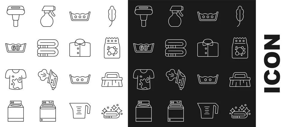 Set line Towel stack, Brush for cleaning, Laundry detergent, Temperature wa.. Illustrazione stock