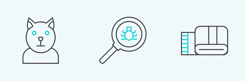 Set line Towel stack, Cat and Flea search icon. Vector Stock Illustration