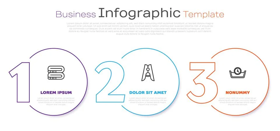 Set line Towel stack, Clothes pin and Time wash. Business infographic template Stock Illustration