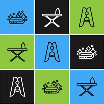 Set line Towel stack, Clothes pin and Iron and ironing board icon. Vector Illustrazione stock