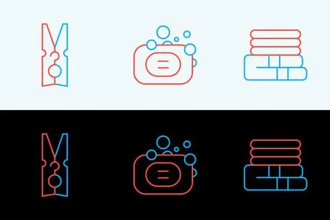 Set line Towel stack, Clothes pin and Bar of soap icon. Vector Stock Illustration