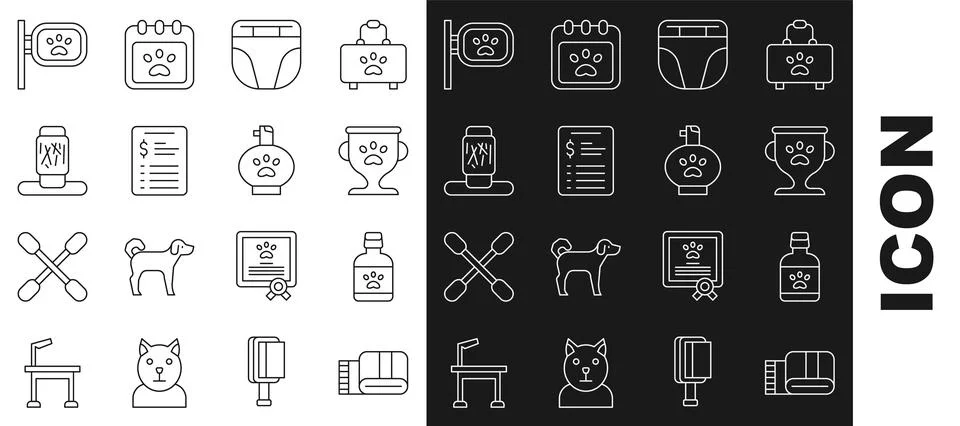 Set line Towel stack, Dog medicine bottle, Pet award, Diaper for dog, Groom.. Stock Illustration
