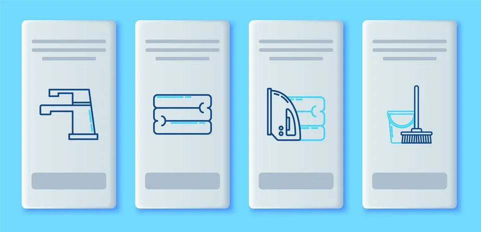 Set line Towel stack, Electric iron and towel, Water tap and Mop bucket ico.. Illustrazione stock