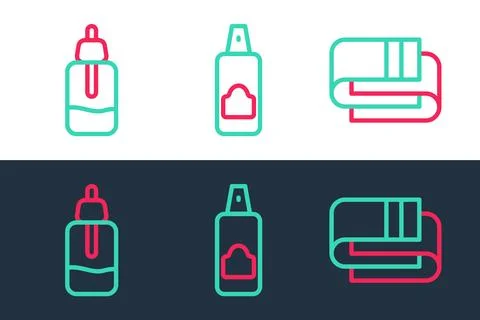 Set line Towel stack, Essential oil bottle and Spray can for hairspray icon 库存插图