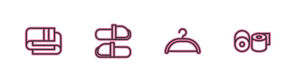 Set line Towel stack, Hanger wardrobe, Sauna slippers and Toilet paper roll icon Stock Illustration