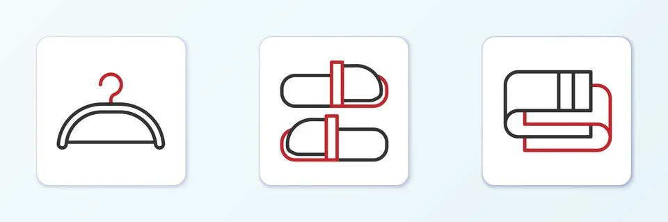 Set line Towel stack, Hanger wardrobe and Sauna slippers icon. Vector Stock Illustration
